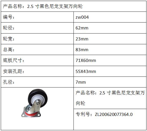 2.5寸黑色尼龍支架萬向輪